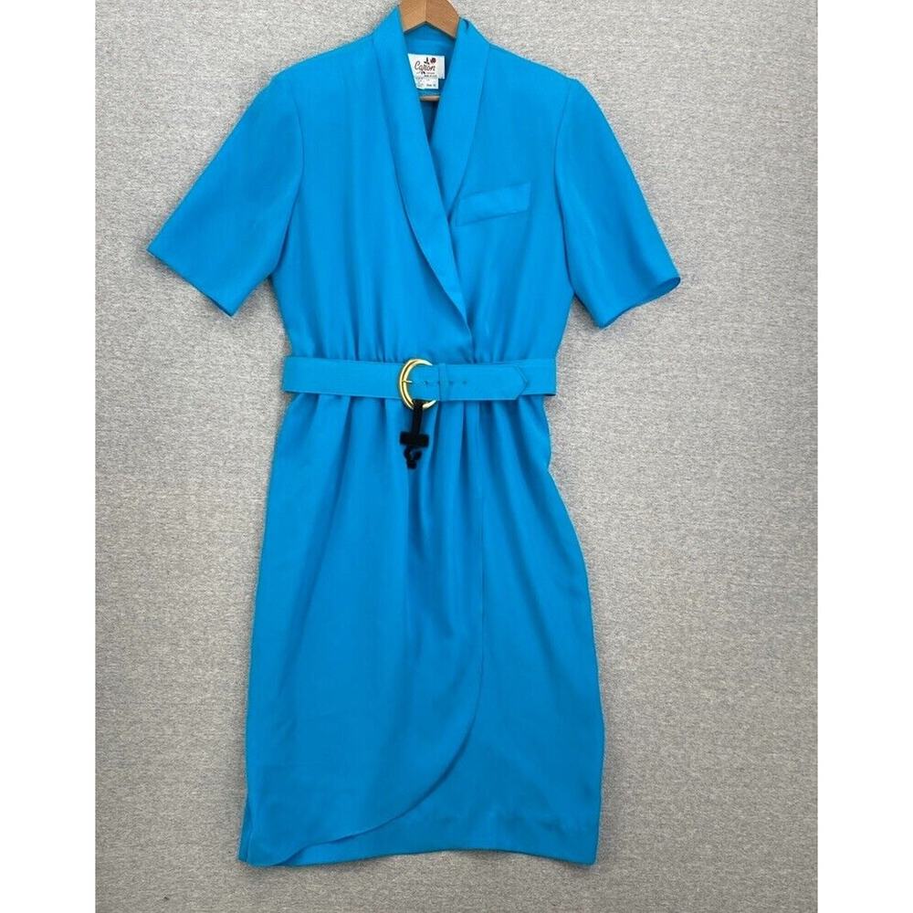 Vintage Caron Chicago Dress Womens 12 Blue Belted Faux Wrap Shoulder Pads USA